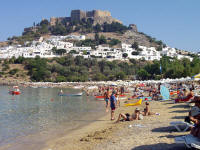 Main beach of Lindos with acropolis view