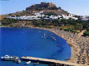Main beach of Lindos with acropolis view